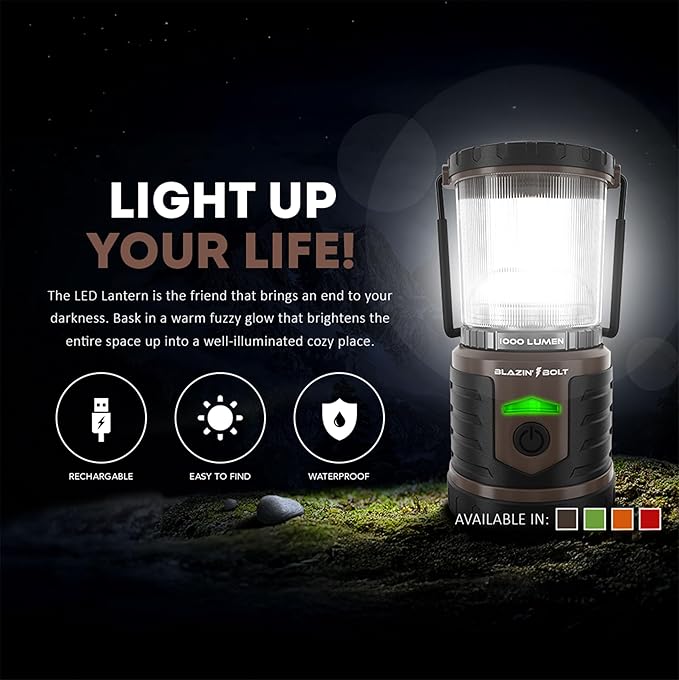 Blazin Bolt Rugged USB Rechargeable Lantern | 12000mAh Power Bank | 1000 Lumen | 350 Hours of Light | 6 Modes | Camping, Emergency, Power Outage, Storm, Blizzard, Hurricane Survival