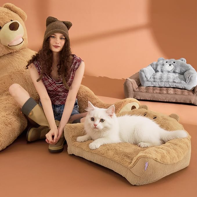 LE SURE Cute Cat Couch for Pets - Fluffy Original Bear Design Cat Beds for Indoor Cats, Fuzzy Cats Sofa with Removable Washable Cover, Supportive Pet Chair, 24inch, Almond