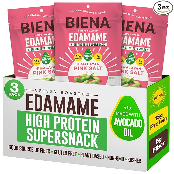 Biena Crispy Roasted Edamame Beans Snack ??High Protein Snack for Adults & Kids, 12g-13g Protein per Serving - Made with Avocado Oil ??Vegan, Low Carb, Gluten-Free ??3-Pack 4.75oz, Himalayan Pink Salt