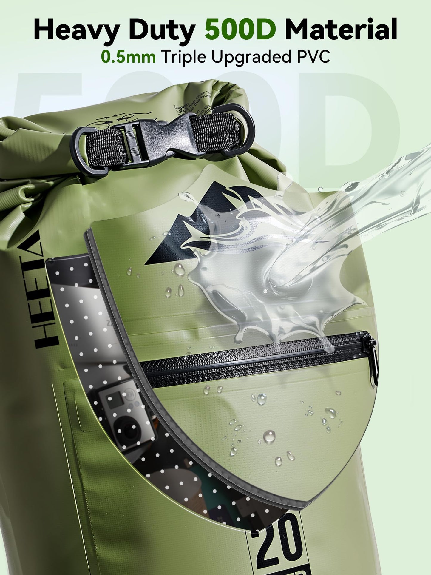 HEETA Waterproof Dry Bag Backpack with Zippered Pocket (Green, 10L)