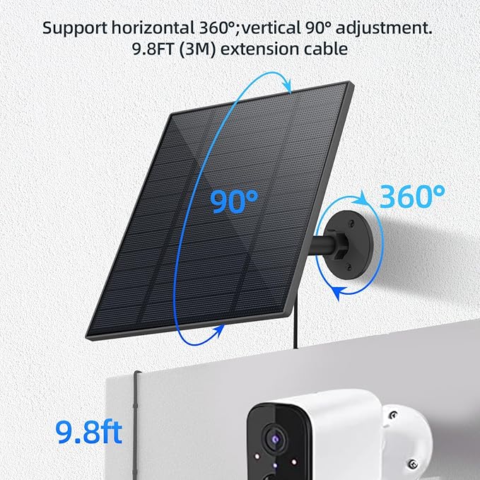 5W Solar Panel for Security Camera, Solar Panel with Micro USB & USB-C Port for DC 5V Outdoor Rechargeable Battery Camera, IP65 Waterproof, 360° Adjustable Security Mount, 9.8ft Cable(Black)
