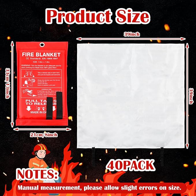 Macarrie 40 Pack 39??x 39??Fire Blanket Emergency for Home and Kitchen Safety Suppression Blanket Fiberglass Fireproof Survival for Fireplace Car Office Camping (Red)