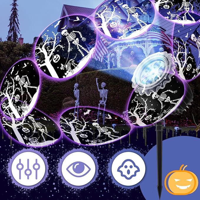 Halloween Projector Light with 1 Film Slides Holiday LED Projector Lights Outdoor Reflectors Waterproof Landscape Decorative Rotation Lighting Movement Projection Lamp(Skeletons and Dogs)