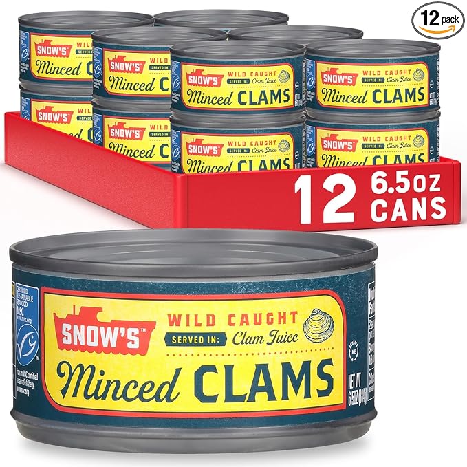 Snow's Wild Caught Minced Clams Canned, 6.5 oz Can (Pack of 12) - 5g Protein Per Serving - Gluten Free, Keto Friendly, 99% Fat Free