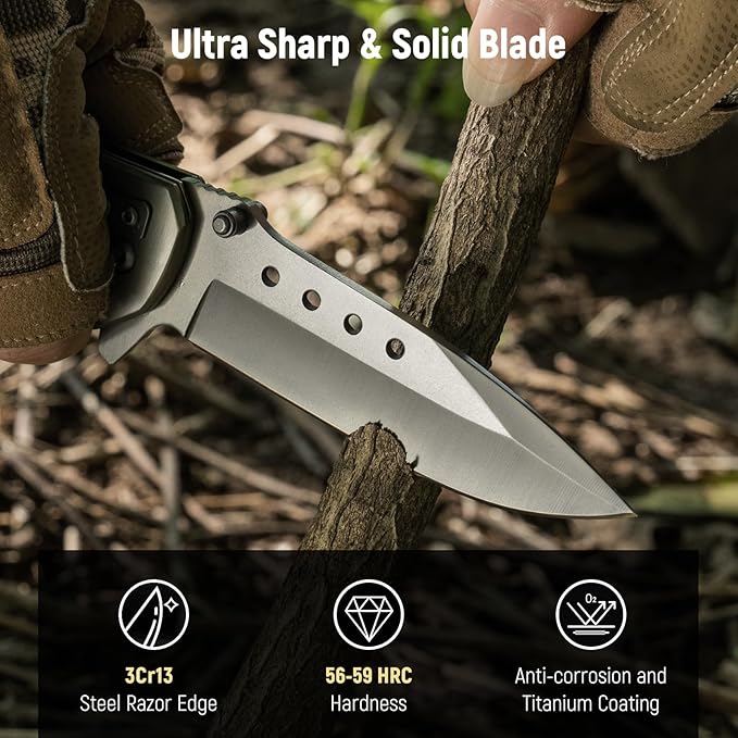 Pocket Knife for Men - Wood Handle Folding Pocket Knives with Clip, Glass Breaker - 3.46" Sharp Blade EDC Knife for Dad Tactical Hunting Survival Camping Fishing Hiking - Grey