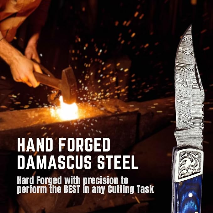 Handmade Damascus Pocket Knife for Men - 7.2 Inches Engraved Steel Damascus Folding Pocket Knife with Belt Holster - Pocket Knives & Folding Knives with Sheath & Back Lock - EDC Knife Pocket.(Blue)