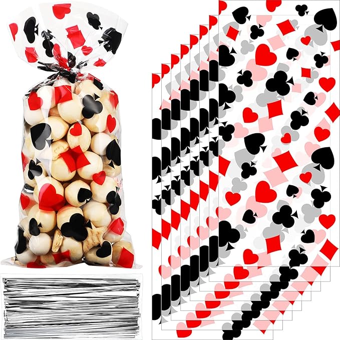 100 Pieces Casino Party Cellophane Treat Bags, Black Red Las Vegas Poker Plastic Candy Goodie Bags with 100 Silver Twist Ties for Casino Themed Poker Birthday Party Supplies
