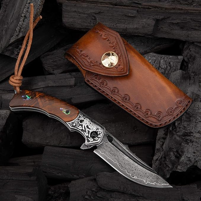 Handmade Japanese VG10 Damascus Steel Folding Knife,Rosewood Liner Lock Handle, Leather Sheath,EDC Pocket Knives for Men Outdoors Camping Fishing