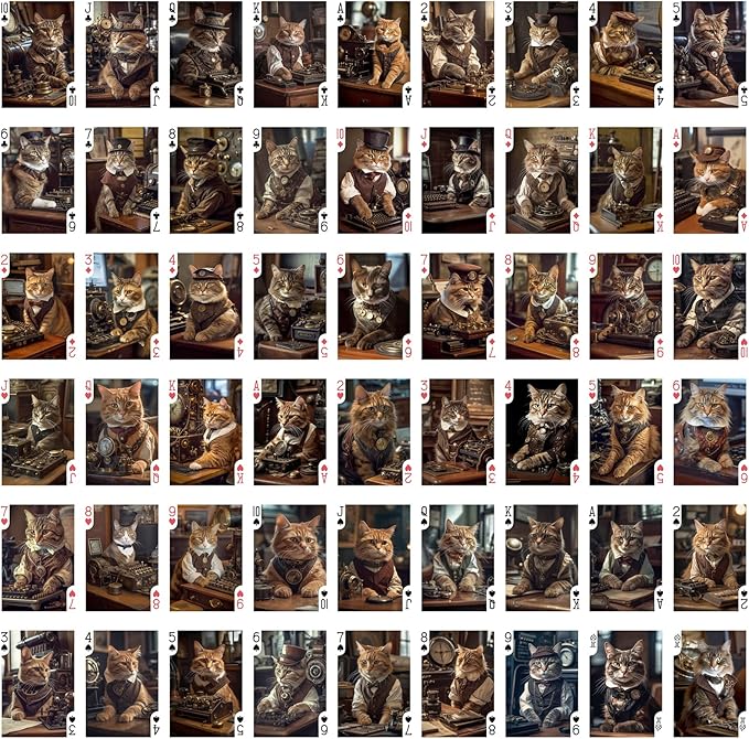 Steampunk Cats Playing Cards (Poker Deck 54 Cards All Different) Cats Working in Steampunk Office in Dieselpunk Machinery SciFi Posters
