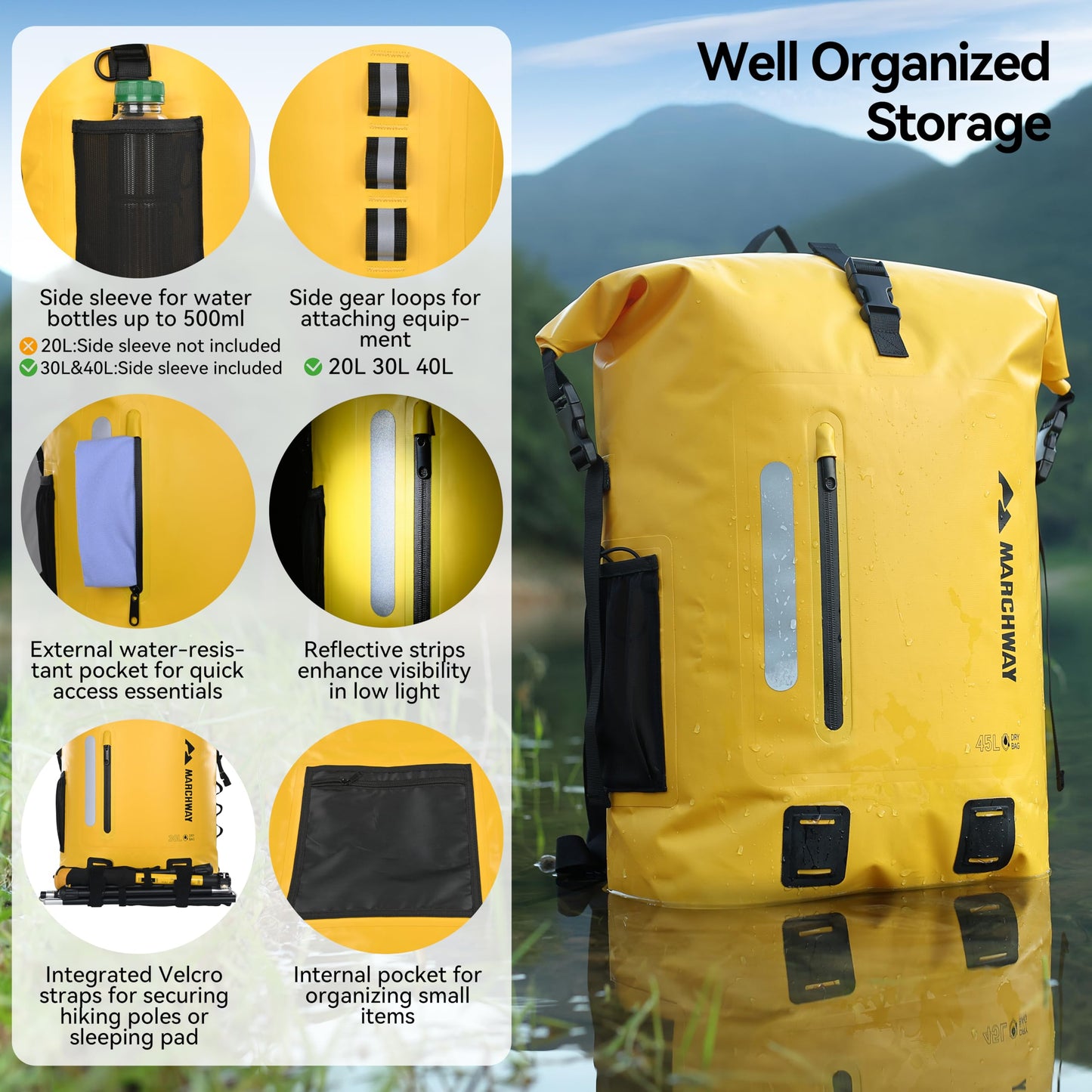MARCHWAY Roll Top Waterproof Backpack, Floating Dry Bag 20L/30L/45L with Ergonomic Rectangular
