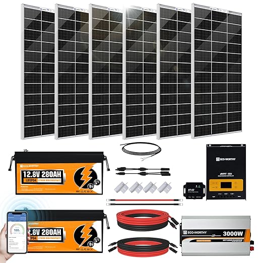 [Ultra] ECO-WORTHY 1200W 24V 5.52KWH Lithium Battery Solar System Off Grid:6pcs 195W Solar Panels+2Pcs 12.8V 280Ah Lithium Battery+60A MPPT Charge Controller+3000W Pure Sine Wave Inverter