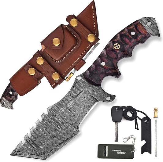 KIMPE 10.5?™â€?Damascus Hunting Knife with Leather Sheath-Fixed Blade EDC Knife-Bushcraft Knives-Wood Handle-Best Camping & Survival Knives-Knives for Men. (Micarta Red & Black)