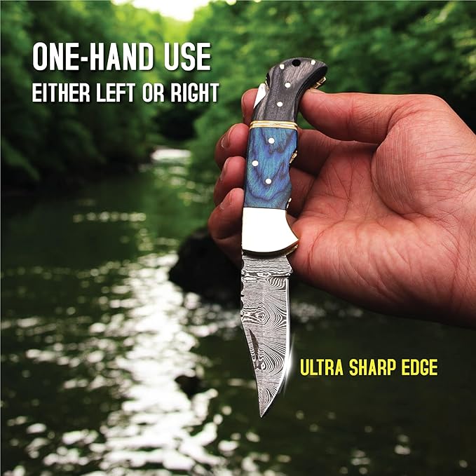 6.5 inch Damascus Pocket Knife with Sheath, Handmade Folding Pocket Knife for Men, Black-Red Wooden Handle with Brass Bolster, Secure Lock Back Camping Knife for EDC,Hunting,Hiking (Blue)