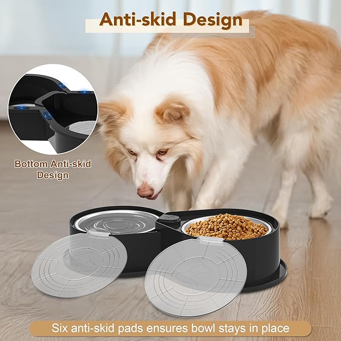 Stainless Steel Dog Bowl Set with Lids, 304 Metal Dual Food & Water Bowls for Dogs & Cats, Foldable Pet Feeder with Cover Keeps Food Fresh, Anti-Skid Dog Dish for Small/Medium/Large Pets