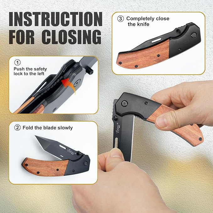 Vickay Pocket Knife, Folding Knife with Clip - 3.54??Steel Blade, Wood Handle EDC Knife for Men & Women, Outdoor Camping, Hunting, Hiking, Fishing - Father?™s Day Gift (Black)