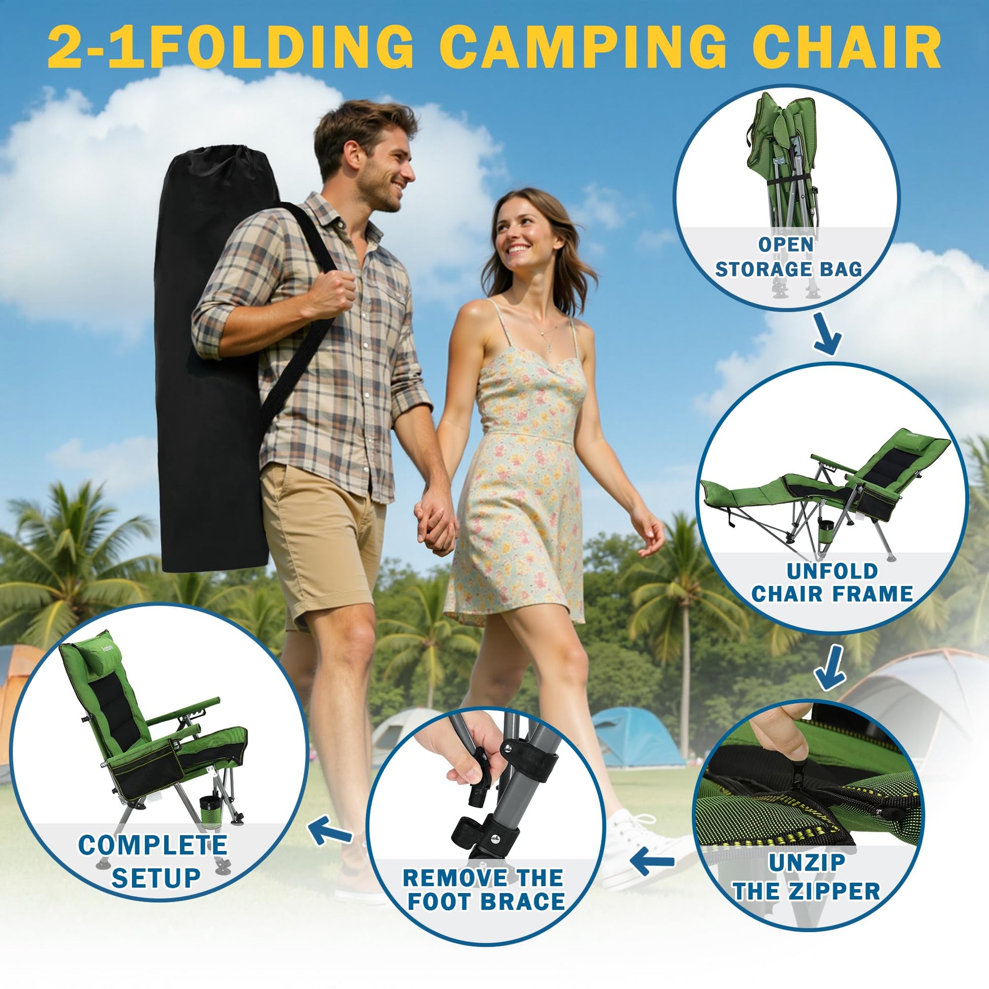 Folding Reclining Camp Chair with Footstool for Camp, Picnic, Lawn, Fishing