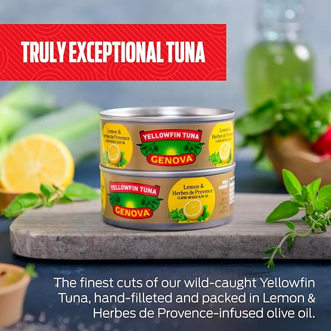 Genova Premium Yellowfin Tune in Lemon and Herbes de Provence Infused Olive Oil, 5 Ounce Cans, 12-Pack ??Nutrient Rich, High Protein Canned Tuna Fish - Delicious, Easy, Nutritious Ready to Eat Meals
