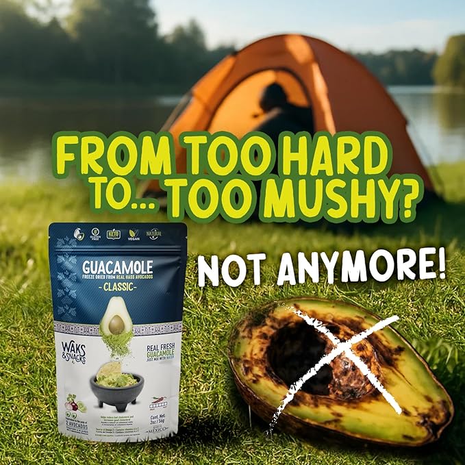 WAKS & SNACKS Freeze Dried Guacamole Classic |100% Fresh Hass Avocados, Perfect for Tortilla Chips | Energizes Camping & Hiking Meals | Vegan, Gluten-Free Guac Dip for Snacks | 2 Avocados | 2 oz, 3-Pack
