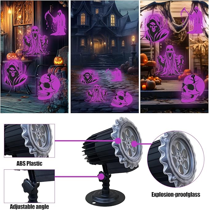 Halloween Projector Lights Outdoor, 3D-Dynamic Outdoor Holiday Light Projector with 4 Different Rotating Patterns, Ghost, Skull, Waterproof for Birthday Party Yard Decorations