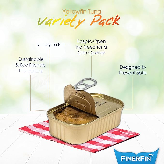 FinerFin Yellowfin Tuna Salad in Organic Olive Oil | Taster's Variety Pack | Premium Canned Tuna Fish with EVOO | Gourmet Ready-to-Eat Wild-Caught Fillets | 4.4oz can - 12 Pack