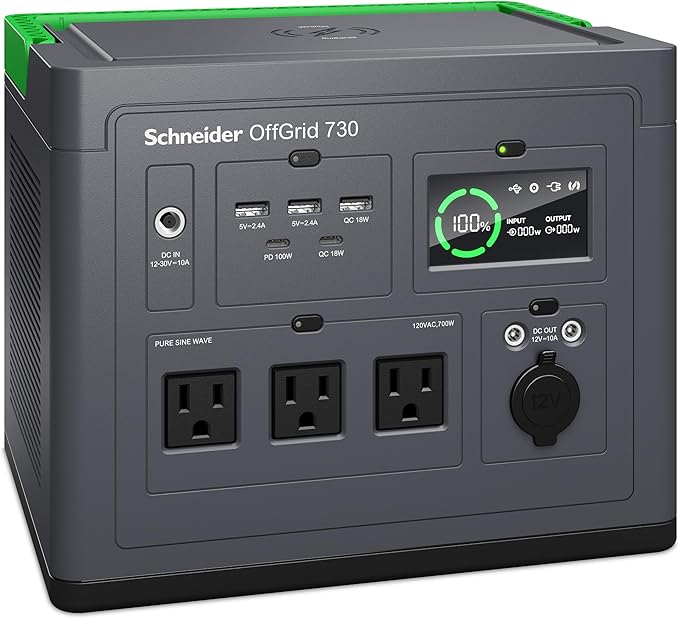 Schneider OffGrid Portable Power Station 738W / 728Wh Portable Solar Generator for Camping or Home, PPS730, Wireless phone charger, solar generator options