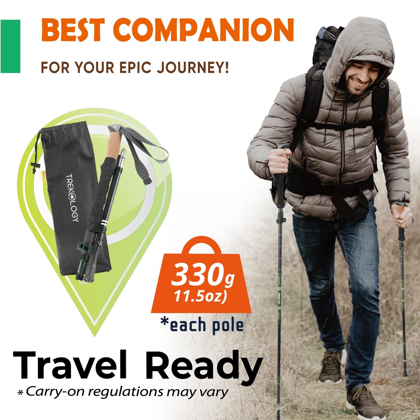 TREKOLOGY Trek-Z Cork Grip Trekking Poles – Lightweight Folding Hiking Poles, Adjustable Height