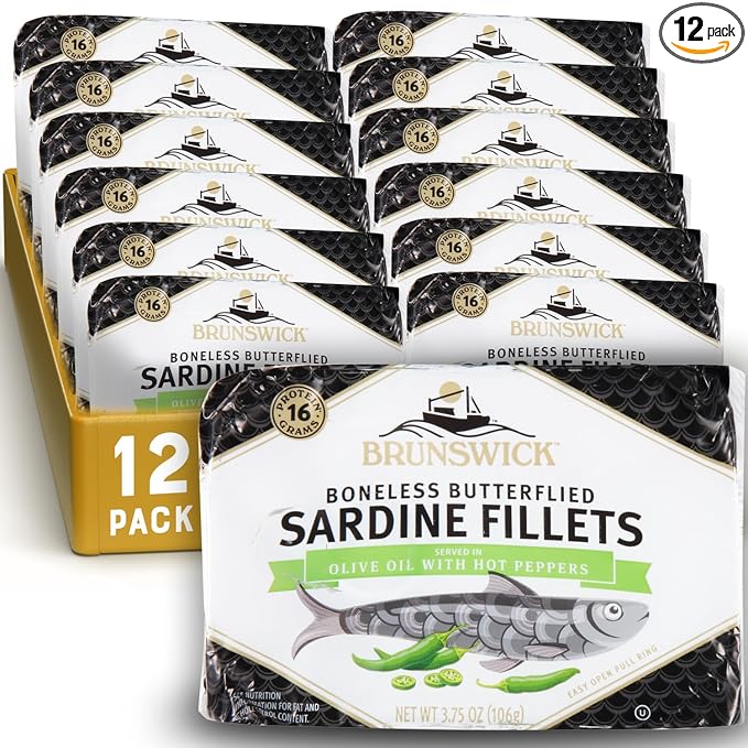 Brunswick Sardines in Olive Oil with Hot Peppers, 3.75 oz Can (Pack of 12) - Boneless Butterflied Sardine Fillets - Wild Caught - 16g Protein per Serving - Gluten Free, Keto Friendly