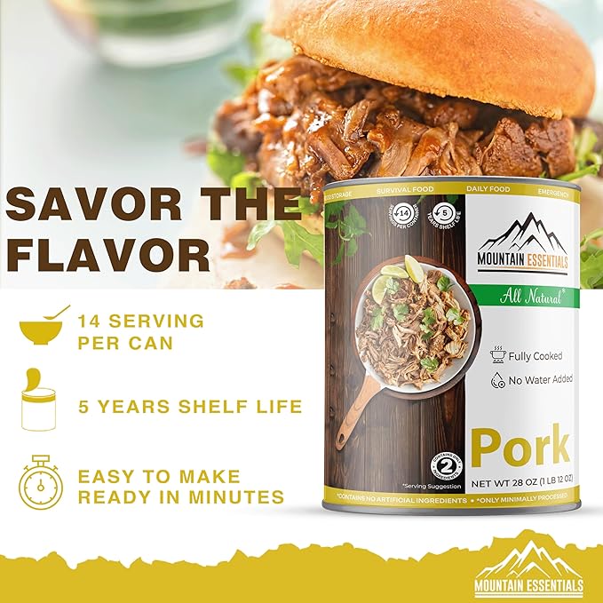 MOUNTAIN ESSENTIALS Canned Pork 28 Oz – Fully Cooked, Ready to Eat – Pantry Staple Canned Meat for Everyday Meals, Emergency Survival & Bulk Food Storage – 5-Year Shelf Life – Made in USA – 6 Pack