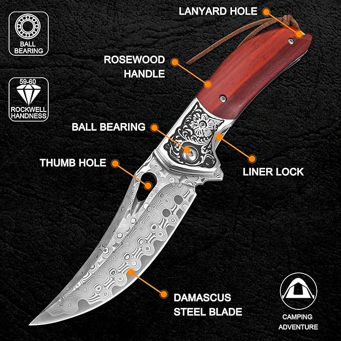 KOMWERO Damascus Pocket Knife for Men Women, Sharp VG10 Core Damascus Steel Knife for Outdoor Camping Survival Hunting - Wood Handle, Ball Bearing, Leather Sheath, Liner Lock