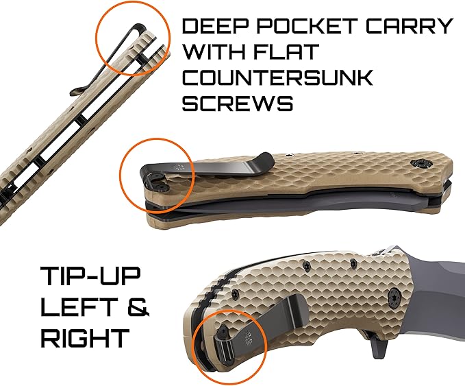 Off-Grid Knives - Rapid Fire Coyote, Large Assisted EDC, Hard Use Construction, Camping and Survival, Cryogenic D2 Blade Steel, Titanium Nitride Coating with G10 Scales, Deep Pocket Carry