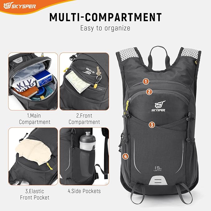 SKYSPER 15L Hiking Backpack Small Travel Daypack Breathable Lightweight Day Hike Bag with Shoulder Pocket Women Men