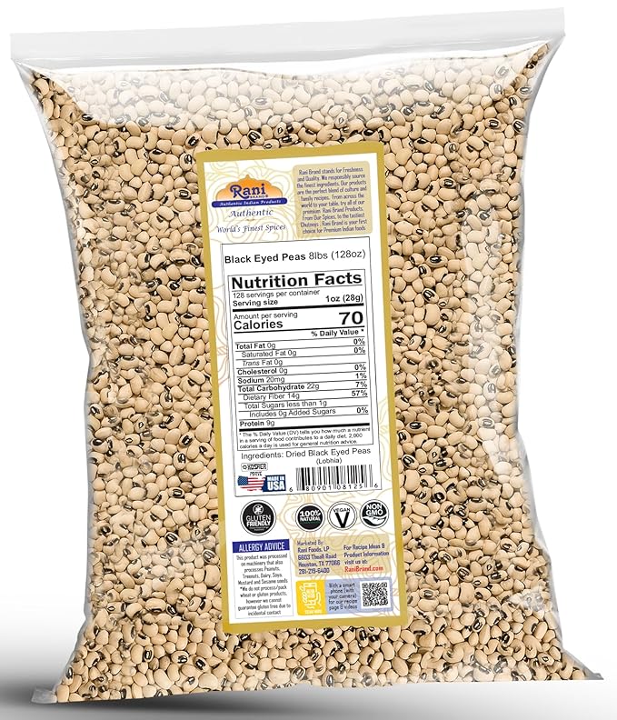 Rani Black Eyed Peas, Dried Cowpeas (Lobhia) 128oz (8lbs) 3.63kg Bulk ~ All Natural | Vegan | Kosher | Gluten Friendly | Product of USA