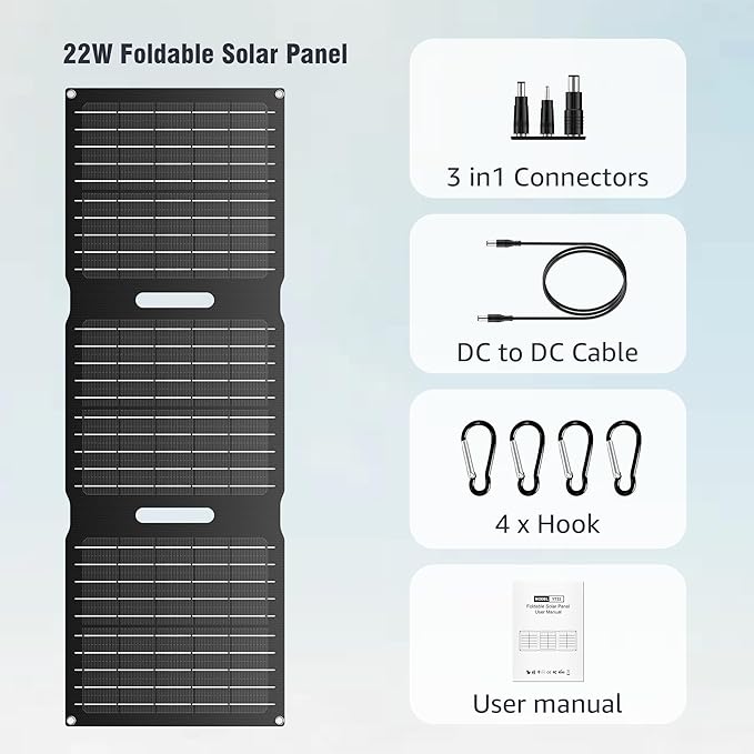 Portable Solar Panel Charger 22W, ZeroKor Foldable Solar Panel Kit with DC USB C USB A Out for Phone Pad Power Bank Smart Device, High Efficiency Waterproof Panel for Camping Backpacking Hiking