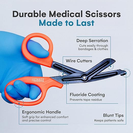 Madison Supply Trauma Shears and Medical Scissors - 7.5 Inch Quality Stainless Steel Bandage Scissors - Fluoride-Coated Non-Stick Blades - High-Durability Handles - Orange