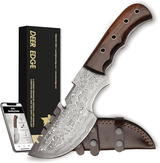 9.5" Handmade Damascus Knife with Leather Sheath | Elite Outdoor Companion | Damascus Steel Blade with Wood Handle | Dark Brown Handle with Sheath Included | Unparalleled Camping Performance