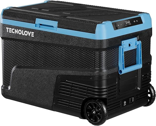 45L Car Refrigerator Freezer, -4℉~68℉ 48QT Single Zone Portable Compressor Cooler with Reversible Door, Battery Slot, All-Terrain Wheels, 100–240V AC / 12V / 24V DC Powered, LED Light – Ice Blue