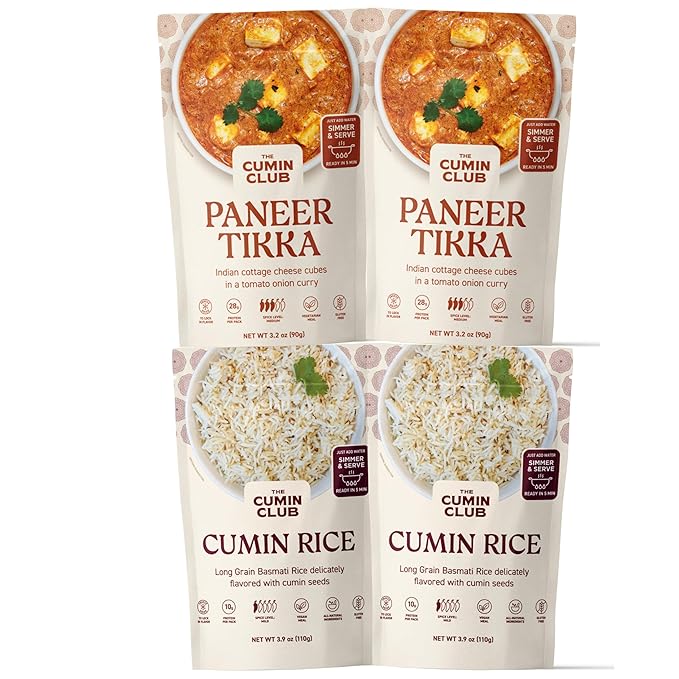 Cumin Club Indian Meals | Freeze Dried Backpacking & Camping Food | Gluten Free | High Protein | 2 Packs of Paneer Tikka & 2 Packs of Cumin Rice | Authentic Flavors for Outdoor Adventures | Ready to Eat & Easy Prep
