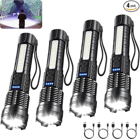 4Pack Rechargeable Flashlights, 7Mode Flashlights High Lumens, Super Bright LED Flashlight, Adjustable Tactical Flash Light, High Powered Flash Light, Handheld Flashlight for Home Emergency Camping