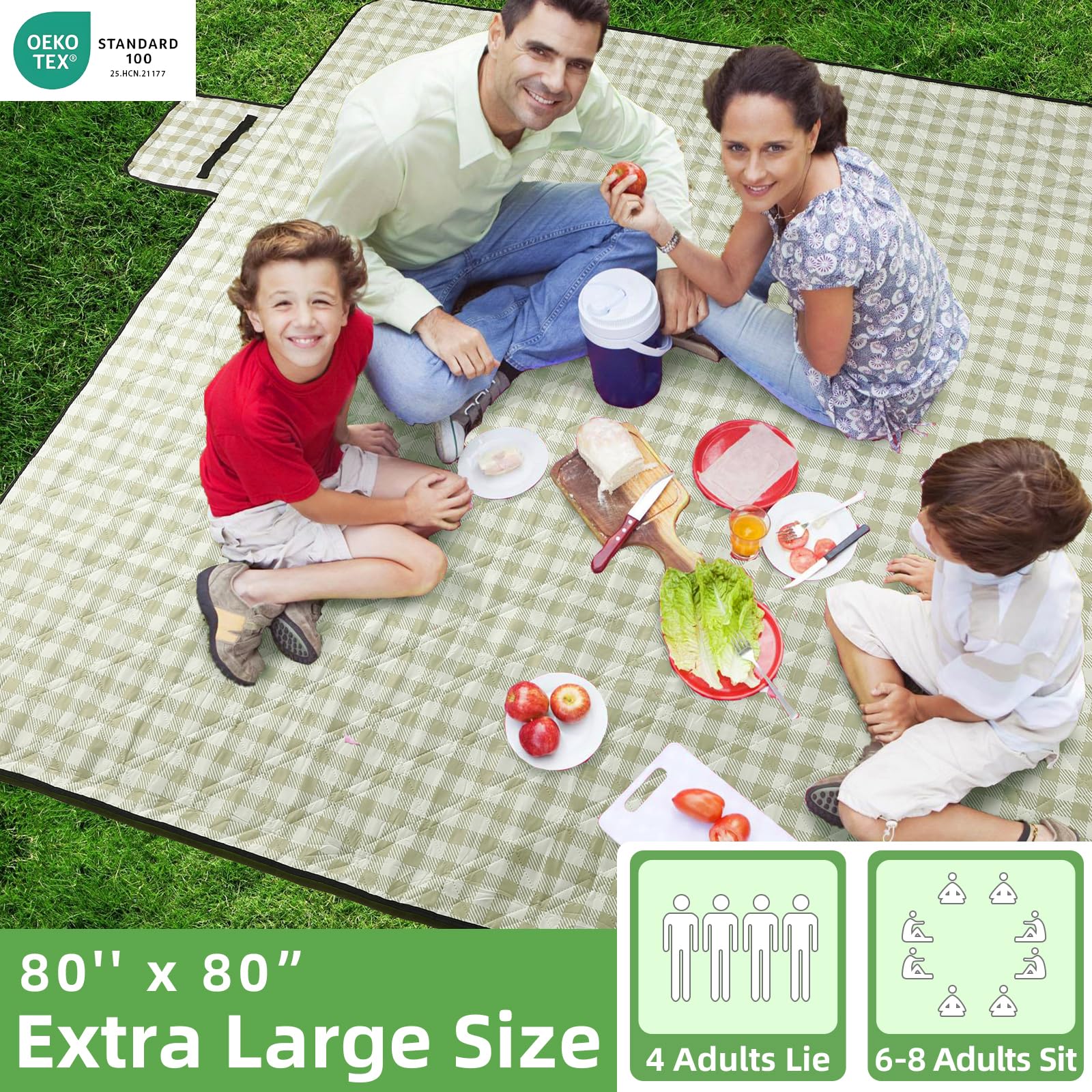 ZAZE Extra Large Picnic Outdoor Blanket, 80''x80'' Waterproof Foldable Blankets Gingham Picnic Mat