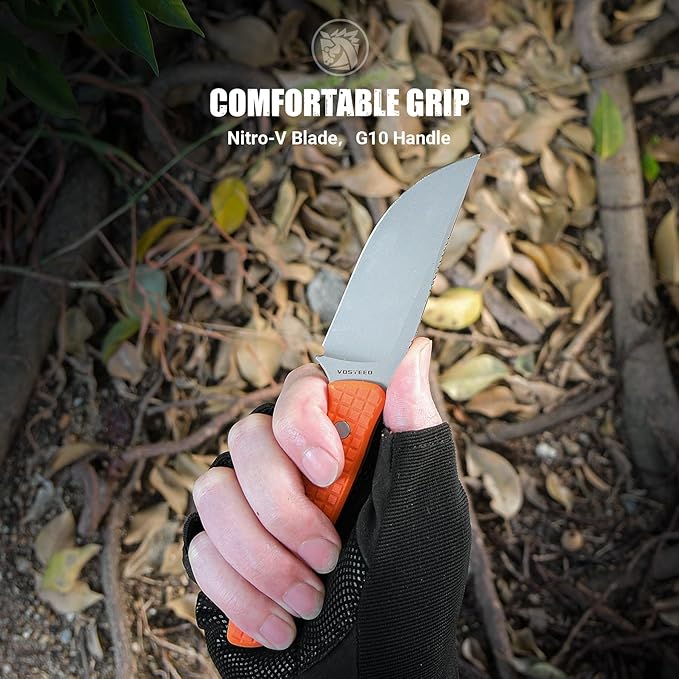 Vosteed Mink EDC Fixed Blade Knife - 3.33?™â€?Nitro-V Dual Jimping Blade with Sheath, Full-Tang Orange Handle, Great for Outdoor Camping - D0105