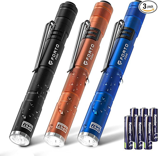 FORTO LED Pen Light, 200 Lumens Pocket Flashlight, IP67 Waterproof, 2 Modes, 2 Pack with AAA Batteries, Lightweight & Durable for Inspection, Medical Use, Emergency(3-Pack Mix)