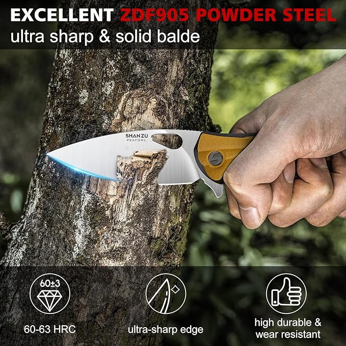 SHAN ZU Pocket Knife 3.2 in, Powder Steel Blade EDC Folding Knife for Men & Women, Utility Survival Knife with G10 Handle & Pocket Clip for Camping Fishing Hiking Hunting - Tan