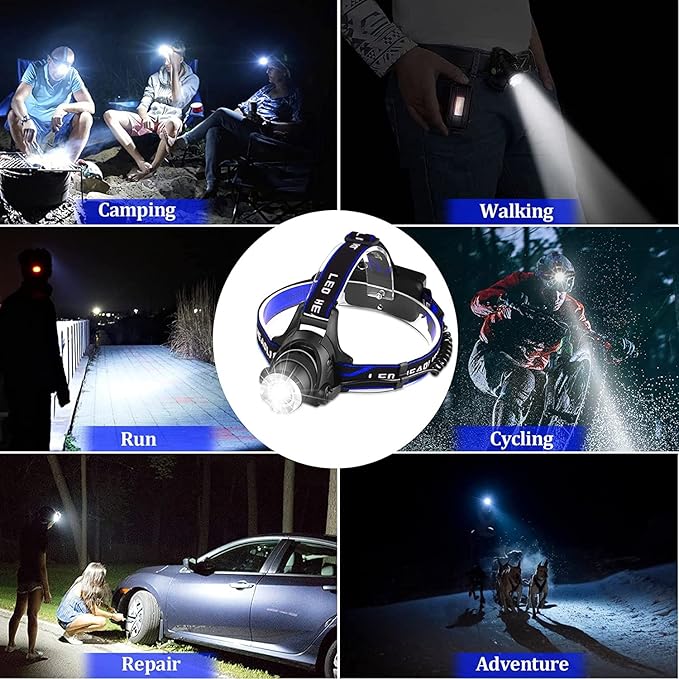 LED Headlamp USB Rechargeable, Head Lamp Super Bright 1000 High Lumen with 3 Modes, Zoomable, Waterproof Headlight for Camping Hunting Running Fishing Biking