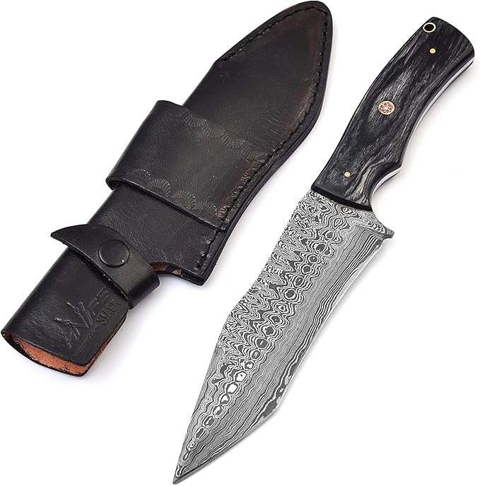 Handmade Damascus hunting Knife for Camping Outdoor l 11 Inches Damascus steel Fixed Blade with Black Pakkawood handle Bushcraft Knife with Sheath