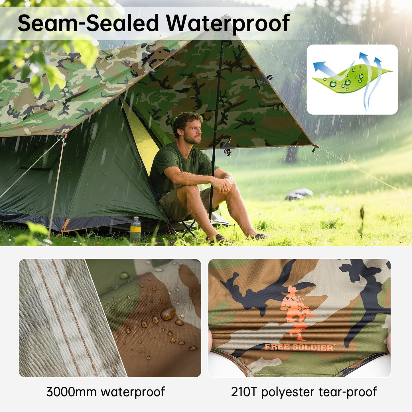 FREE SOLDIER Waterproof Camping Tarp Shelter Awning(Camo 10×10.5ft)