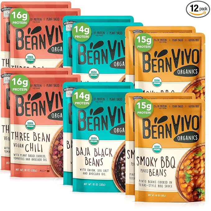 BeanVIVO - Variety 12 Pack (10 oz each) - Organic Baja Black Beans, Three Bean Vegan Chili, BBQ Pinto Beans - Seasoned & Ready to Eat, Plant Protein, Vegan, Gluten Free, Microwaveable, Instant Meals