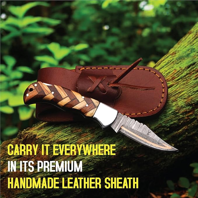 6.5 inch Damascus Pocket Knife with Sheath, Handmade Folding Pocket Knife for Men, Black-Red Wooden Handle with Brass Bolster, Secure Lock Back Camping Knife for EDC,Hunting,Hiking (Copper Damascus)