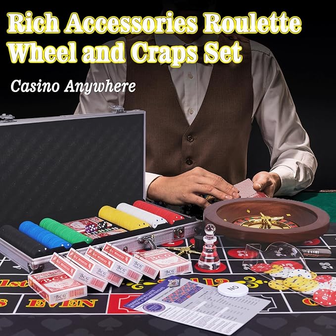 5 in 1 Super Casino Game Set: Blackjack/Texas Hold'em/Roulette/Craps/Poker Kit, 10" Wooden Roulette Wheel, Carrying Case with 360 Plastic Chips, 6 Deck Shuffler, 2 Double-Sided Rubber Mat And More
