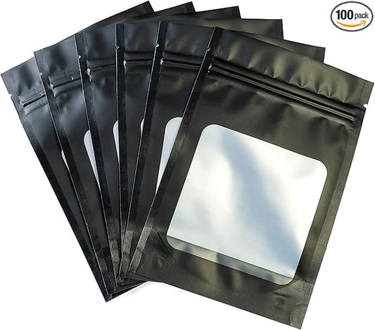 HANSER | Smell Proof Odorless Mylar Resealable Foil Pouch Bags with clear Window | Stand up bottom | Airtight | matte black | 100 Pieces | 4x6 inches