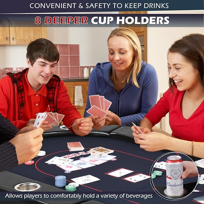 Poker Table Foldable, 8/10 Player Folding Poker Tables with Casino Grade Felt, Padded Rails & Cup Holders, Portable Poker Table for Texas Holdem (72 Inch-Black & Dark Blue)